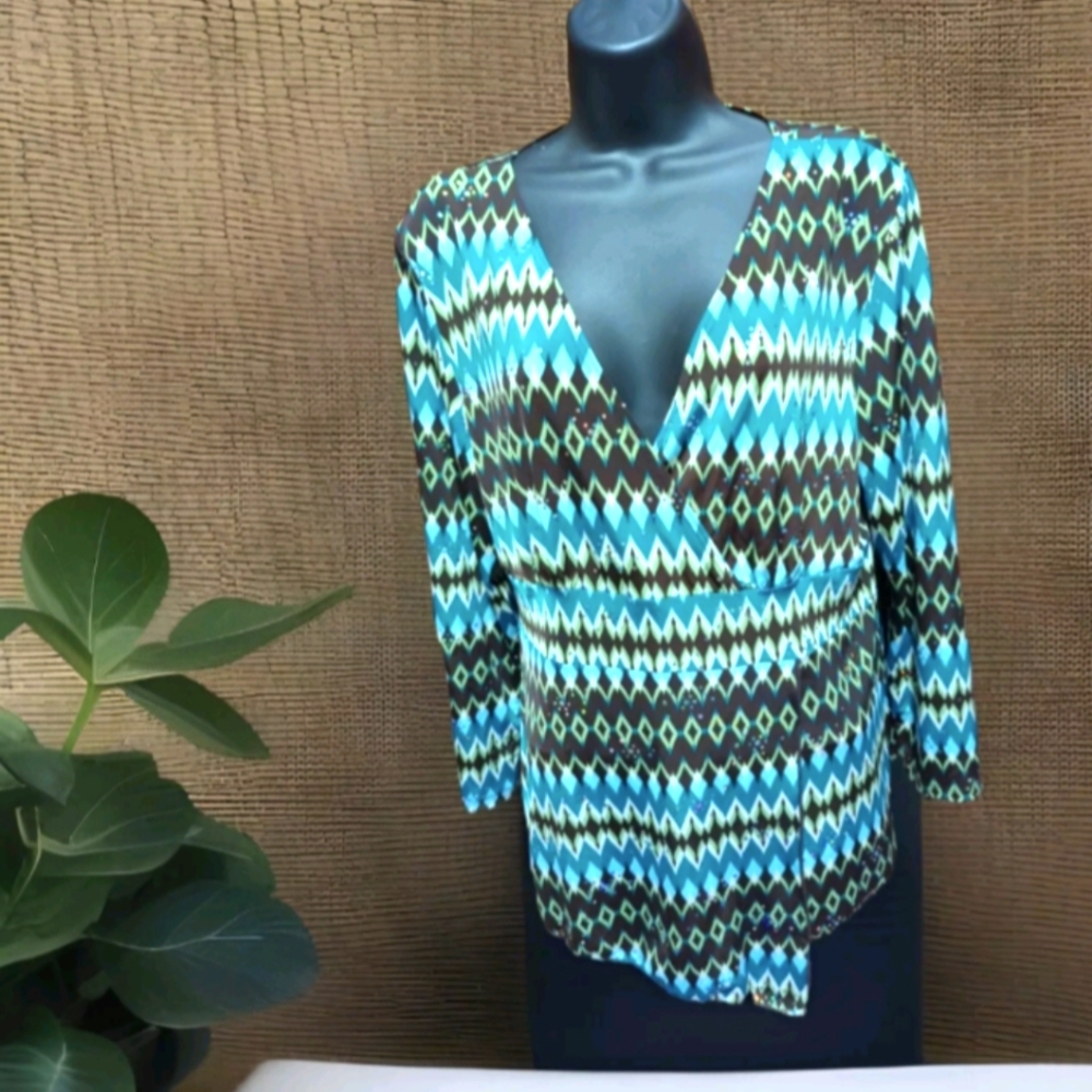 Susan Lawrence Women Size XL Vintage 90's Multi Color Sequins V-neck LS Top